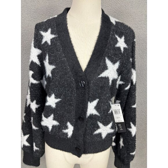 Madden Girl Juniors' Star Print Novelty Eyelash Button-Front Sweater Black S NWT - Picture 2 of 8